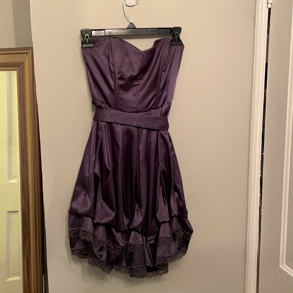 Slate gray cocktail dress. Strapless tie detail